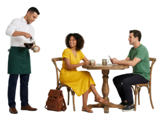 Waiter serving coffee to couple at cafe table, isolated on white