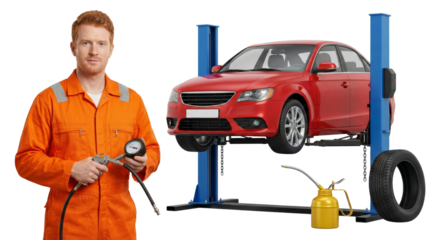 Mechanic Inspecting Car on Lift with Tire and Oil Can