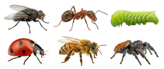 Collection of Six Different Insects and Arachnids on White Background