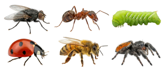 Collection of Six Different Insects and Arachnids on White Background