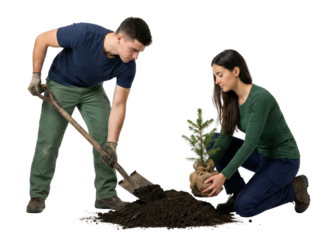 Couple planting a small fir tree, gardening, outdoor activity, sustainability concept
