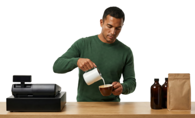 Barista making latte art, pouring milk into coffee cup at cafe counter with cash register