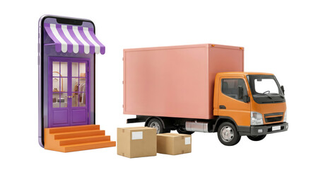 Online Shopping Delivery: Smartphone Storefront and Truck with Packages