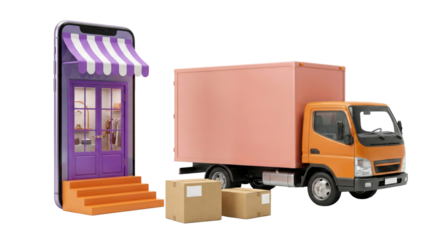 Online Shopping Delivery: Smartphone Storefront and Truck with Packages