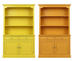 Two colorful wooden display cabinets, yellow and orange, isolated on white background