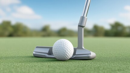 Close-Up of Putters Aligned Behind Golf Ball on Virtual Green with Clear Sky and Soft Focus Background