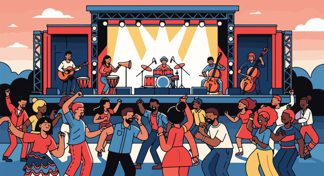 Illustration of a lively band performing on an outdoor stage with a vibrant crowd dancing in front, set against a warm orange sky with clouds.