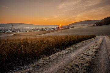 Frosty sunrise at Taubertal (Tauber valley), Germany