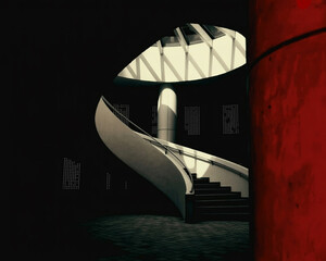 Modern Spiral Staircase with Dramatic Lighting and Red Column