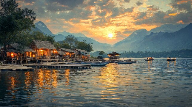 Sunset in a peaceful lakeside village