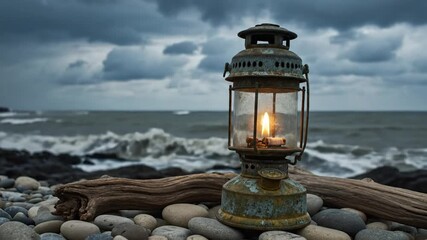 Cozy kitchen scene of a woman baking bread with superimposed lantern on a beach with stormy waves