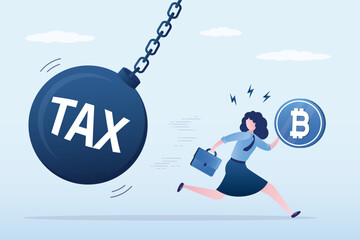 Businesswoman runs away from financial problems with cryptocurrency. Woman investor with bitcoin under tax burden, debt pressure.