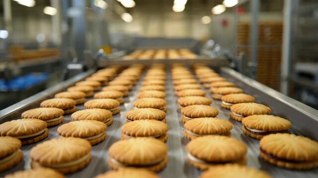 Rows of sandwich cookies on a conveyor belt in a bakery production line, automated manufacturing, mass production of filled biscuits, quality control inspection, industrial baking workflow