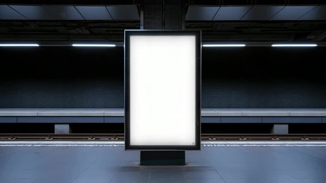 Blank advertising billboard in modern subway station with moving train background, urban transport marketing display, clean poster mockup with copy space, public transit branding concept, contemporary