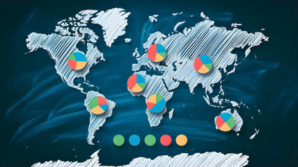 Global statistical data visualization on a chalkboard world map, featuring colorful pie charts for international market analysis and business insights