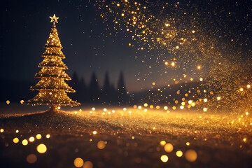 Christmas tree glowing with lights in the snowy night