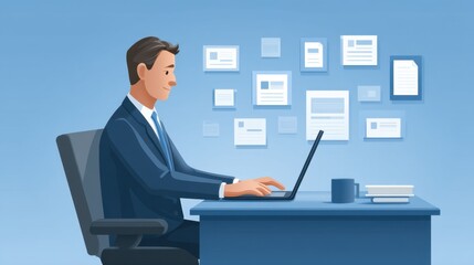 Professional Man at Desk Using Laptop to Interact with Artificial Intelligence Technology in Modern Office Space