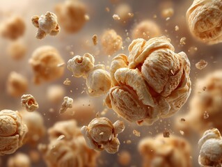 Explosion of crunchy flying popcorn kernels floating in the air for cinematic movie snack and creative food concept