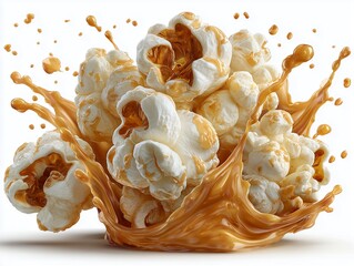 Delicious crunchy popcorn pieces splashing with sweet golden caramel sauce on isolated white background for snack food advertising concept