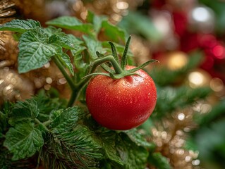 Fresh ripe tomato growing on vine with water droplets among festive christmas ornaments and bokeh holiday lights background
