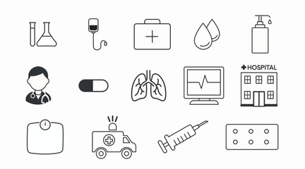 A clean black and white vector icon set featuring essential medical and healthcare symbols. Includes hospital icons, doctor tools, health equipment, and emergency signs. Perfect for apps, websites, in