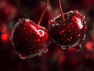 Fresh organic sweet cherries with water droplets on branch against festive sparkling bokeh background for gourmet food decoration concept