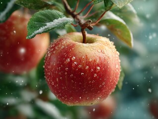 Obraz premium Fresh organic red apple hanging on branch with water drops and winter snow flakes in frosty garden nature background