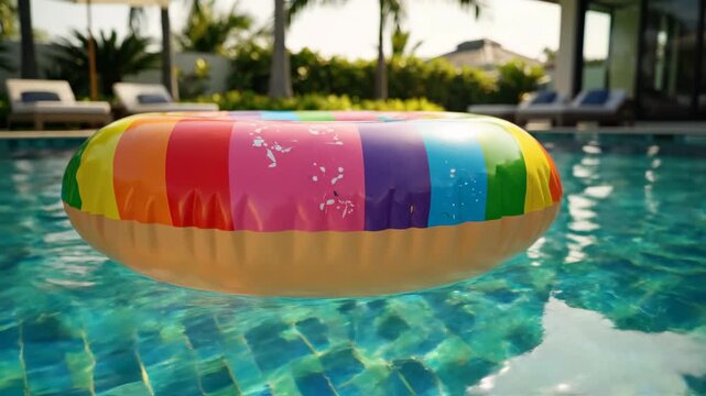 Bright inflatable rainbow donut floating serenely on the shimmering turquoise surface of a luxury backyard swimming pool accessory, relaxation, daytime
