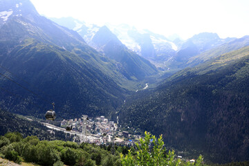 Landscape view of mountain village with gondola lift