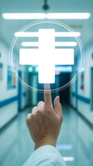 First-Person Hand Touching Holographic Medical Cross in Hospital Hallway