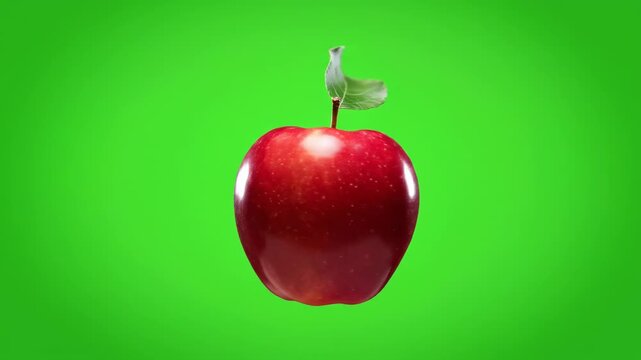 Bright, ripe red apple with a small green stem and leaf levitating and gently spinning against a uniform, compositing-ready bright green screen background simple motion, product display, studio shot