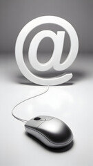 3D Render of Glossy White @ Symbol Floating Above Silver Computer Mouse