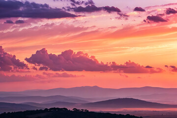 Golden sunrise and sunset glow over majestic mountain peaks during a vibrant dawn