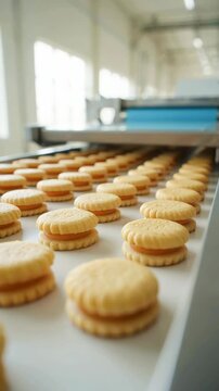 Automated biscuit sandwich production line with caramel filling food processing facility showcasing smart manufacturing robotics foodtech industry FMCG automation quality control factory efficiency