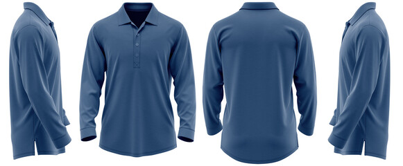 Polo Shirt Long Sleeve with Extended Placket, Sport Style, Mockup Ready, Navy Color