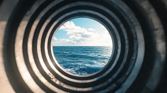 View of the ocean through a circular tunnel, capturing serene blue waters and horizon.