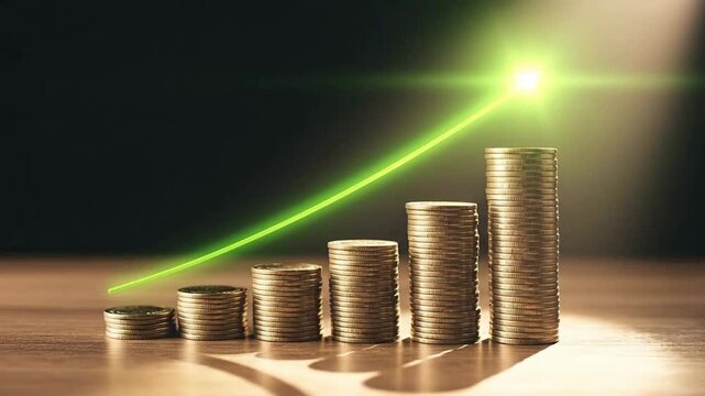 Stacks of coins are arranged in ascending order with a glowing upward arrow.
