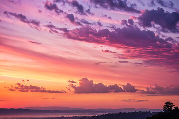 A beautiful summer landscape of a vibrant orange sunset over the mountains and sea with colorful clouds reflecting on the water at dusk