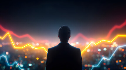 Young entrepreneur businessman back view gazing at glowing financial chart lines over city night skyline, contemplative atmosphere