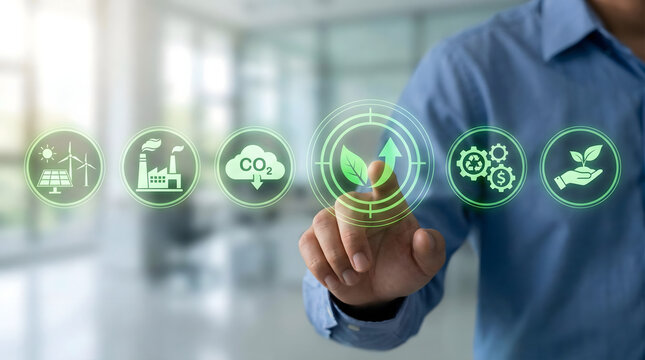 ESG and net zero carbon emission concept with hand touching green nature icons on virtual screen,sustainable energy strategy for environmental care,eco friendly industry,climate goal.