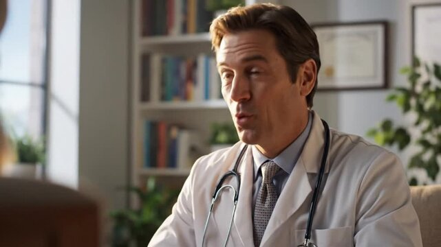 Friendly doctor smiles while reassuring patient about their steady progress and next steps in a medical examination room setting.