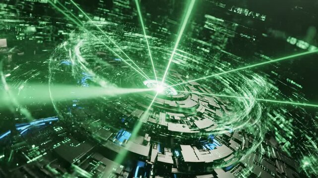 Central futuristic processing core rotating slowly while intense green laser beams scan and interpret streams of abstract quantitative information strategy, science, mainframe