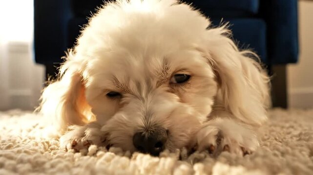 Adorable white dog lying on a plush carpet near a blue armchair, appearing to sulk and close eyes playfully