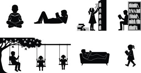 Children reading books collection, black vector silhouettes of kids studying in library, on swing and sofa for education design © Shahajan