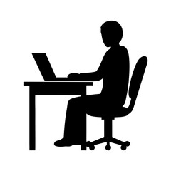 Black silhouette vector of a person working on a laptop at a desk, sitting on an office chair, white background.