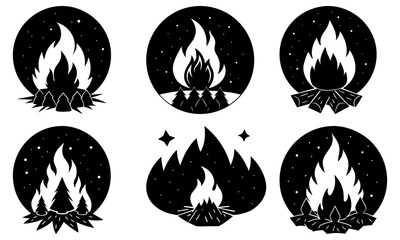 Campfire with flames and stars in circular shapes on transparent background night sky