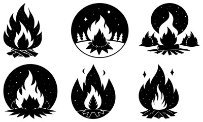 Campfire silhouettes with stars and trees on transparent background flames night