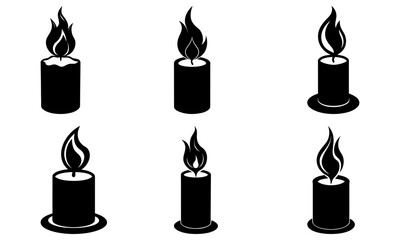 Five Black Candles with Flames on White Background fire