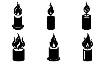 Five Black Candles with Flames on White Background fire 1