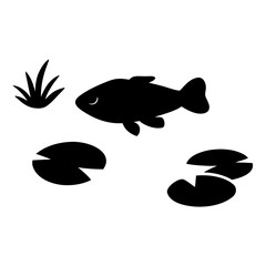 Minimalist black silhouette vector art of a fish, aquatic plants, and lily pads isolated on a white background.